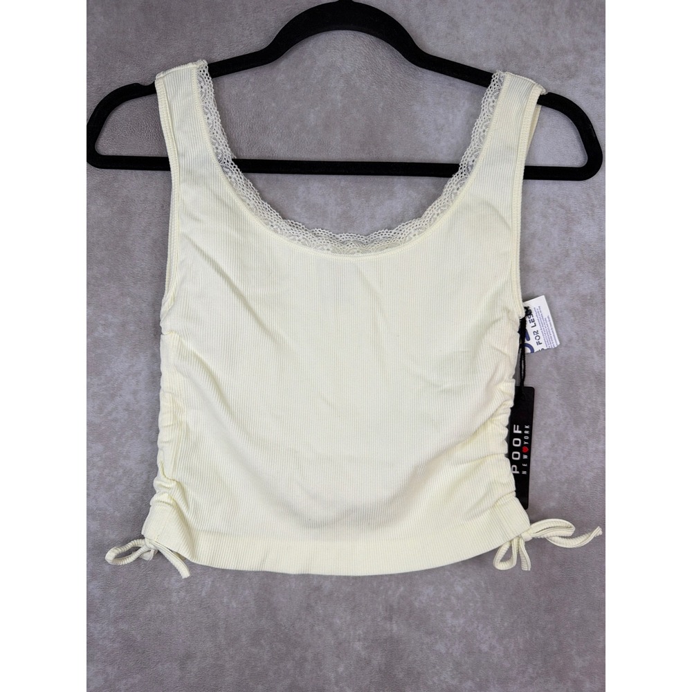 NWT Poof New York Tank Top Womens M/L Cream Ruched Side Lace Trim Ribbed Cami